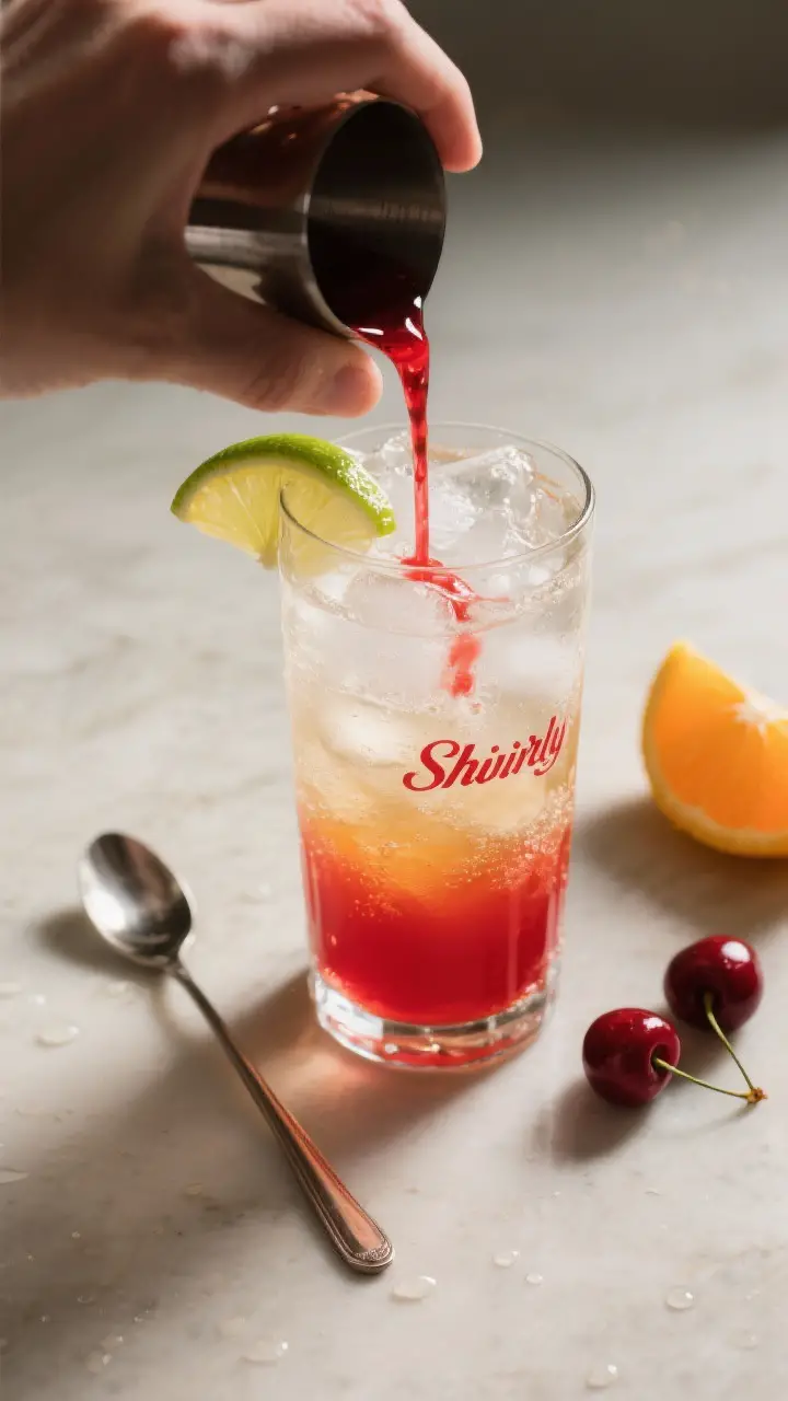 Cooking process: Overhead shot of a Shirley Temple being built in a tall Collins glass—ginger ale