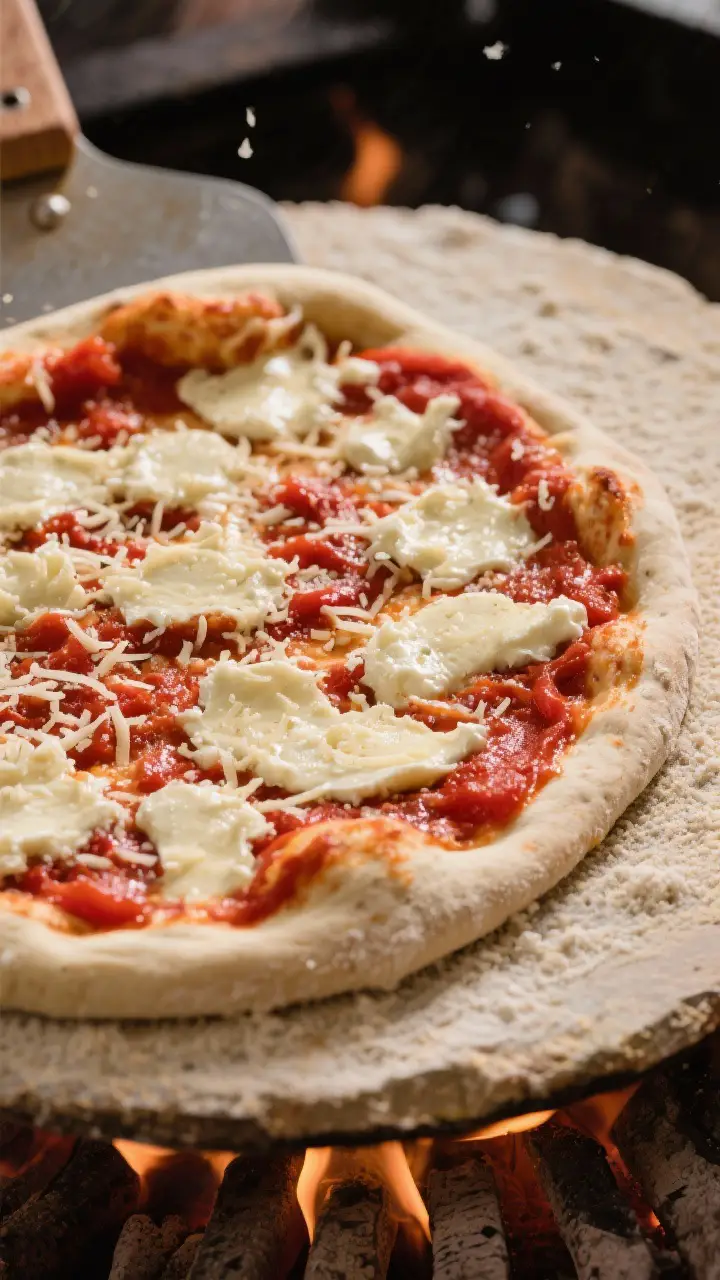 Cooking process: Overhead shot of a stretched, sauced, and cheesed New York style pie on a semolina-