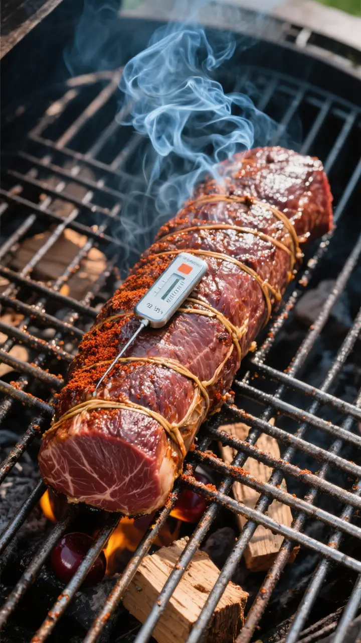 Cooking process: Overhead shot of a whole tied beef tenderloin on a smoker grate at 225–250°F, se