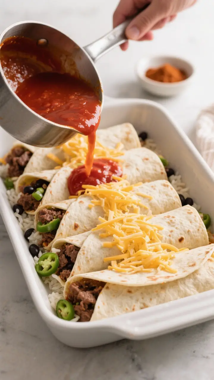 Cooking process: Overhead shot of assembled burritos nestled seam-side down in a 9x13 baking dish as
