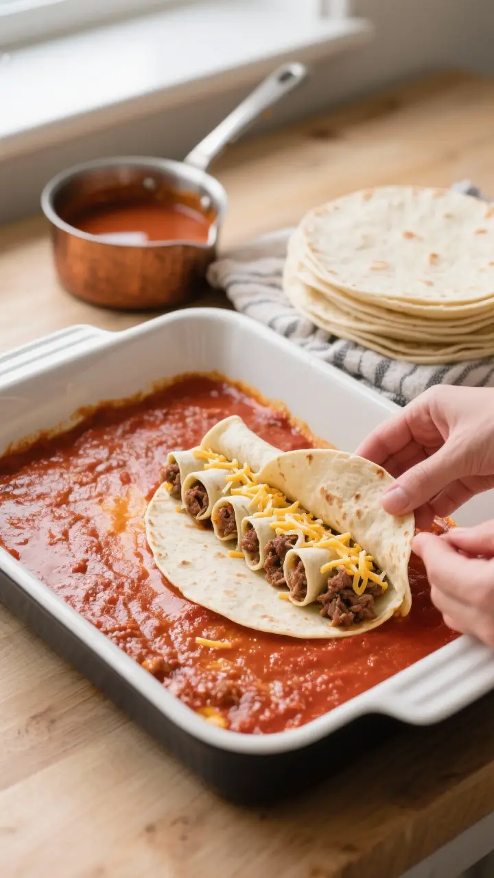 Cooking process: Overhead shot of assembling enchiladas in a 9x13 baking dish—sauce thinly spread