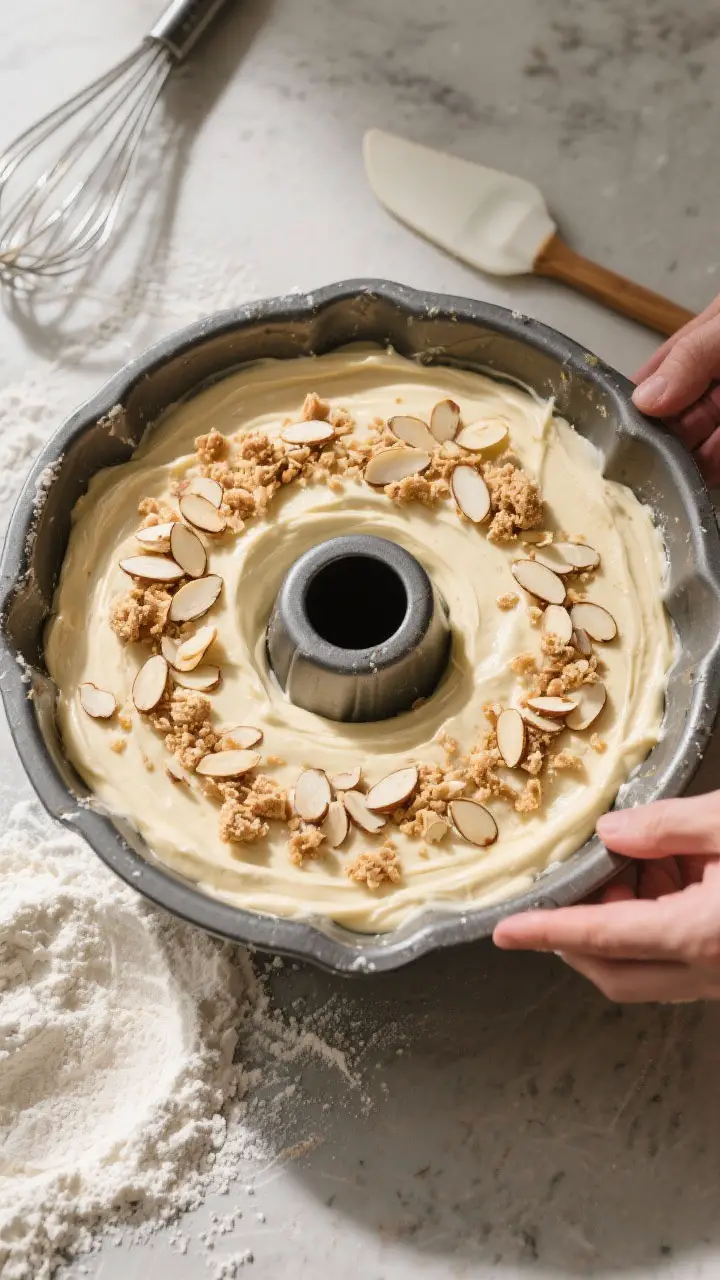 Cooking process: Overhead shot of assembling the ring in a Bundt pan—half the thick, creamy batter
