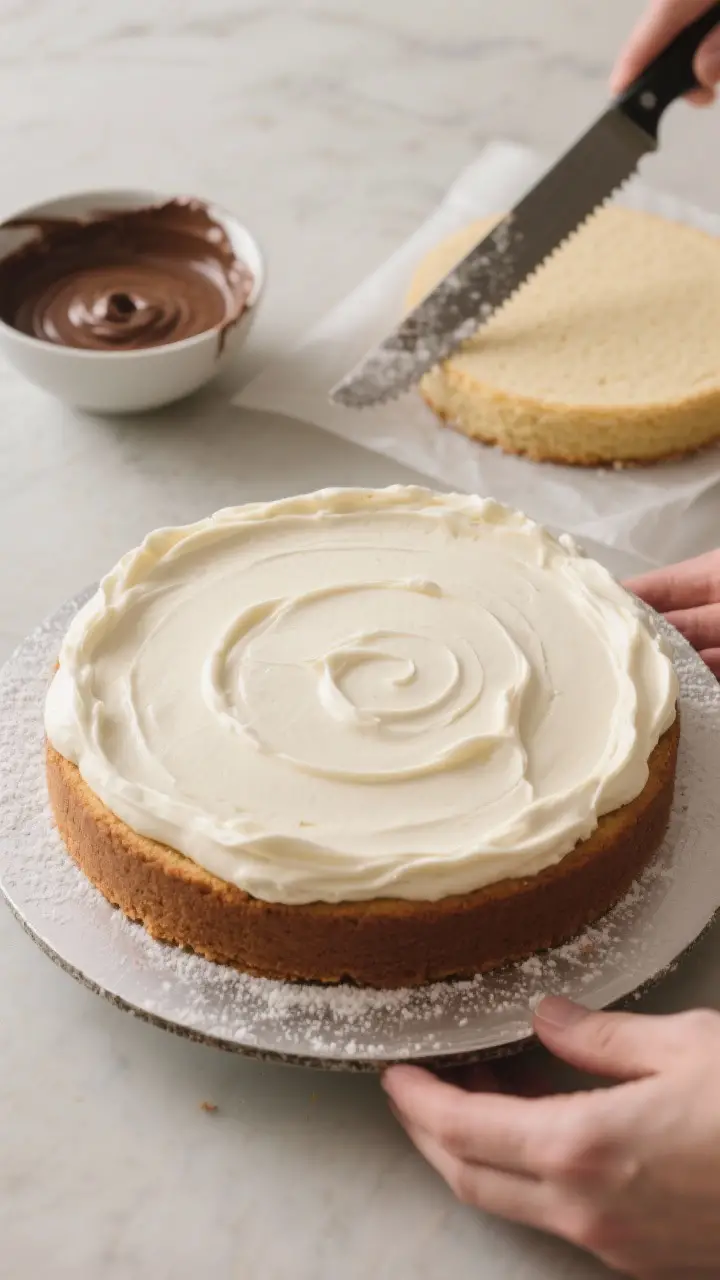 Cooking process: Overhead shot of assembly—bottom cake layer on a turntable with a neat, even spre