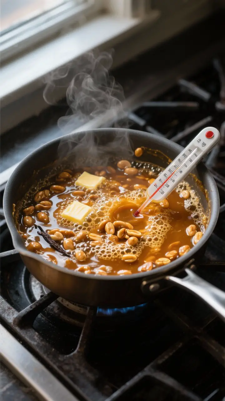 Cooking process: Overhead shot of bubbling caramel at hard-crack stage (300°F) in a heavy saucepan,