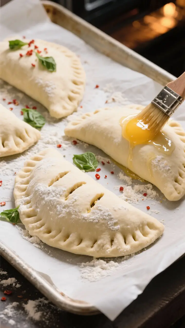 Cooking process: Overhead shot of calzones on a parchment-lined sheet mid-prep, each half-moon neatl