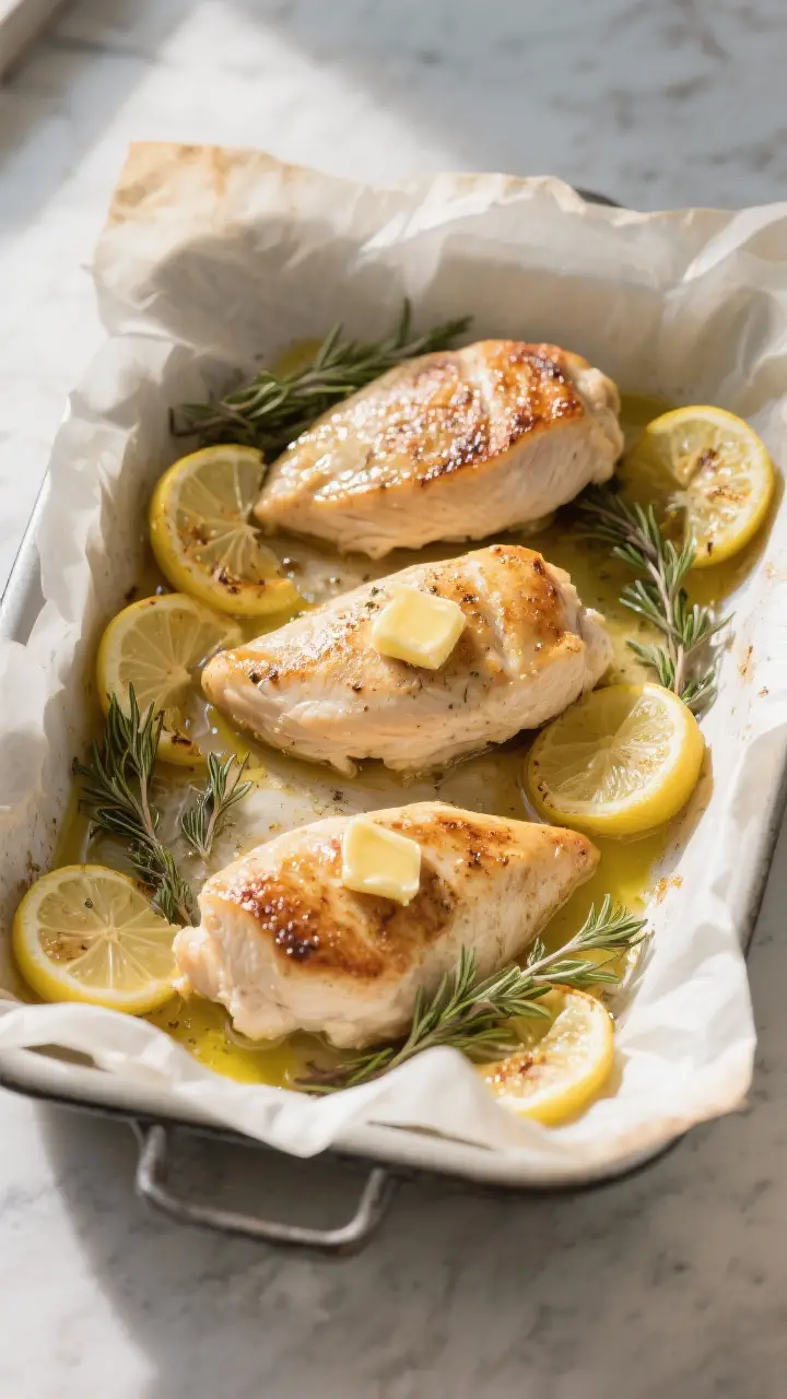 Cooking process: Overhead shot of chicken breasts just out of the oven in a parchment-lined baking d