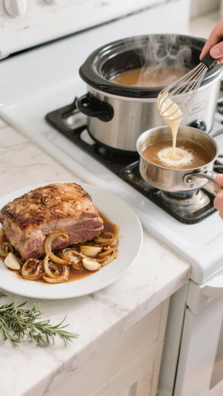 Cooking process: Overhead shot of cooked pork loin resting on a platter beside the slow cooker inser