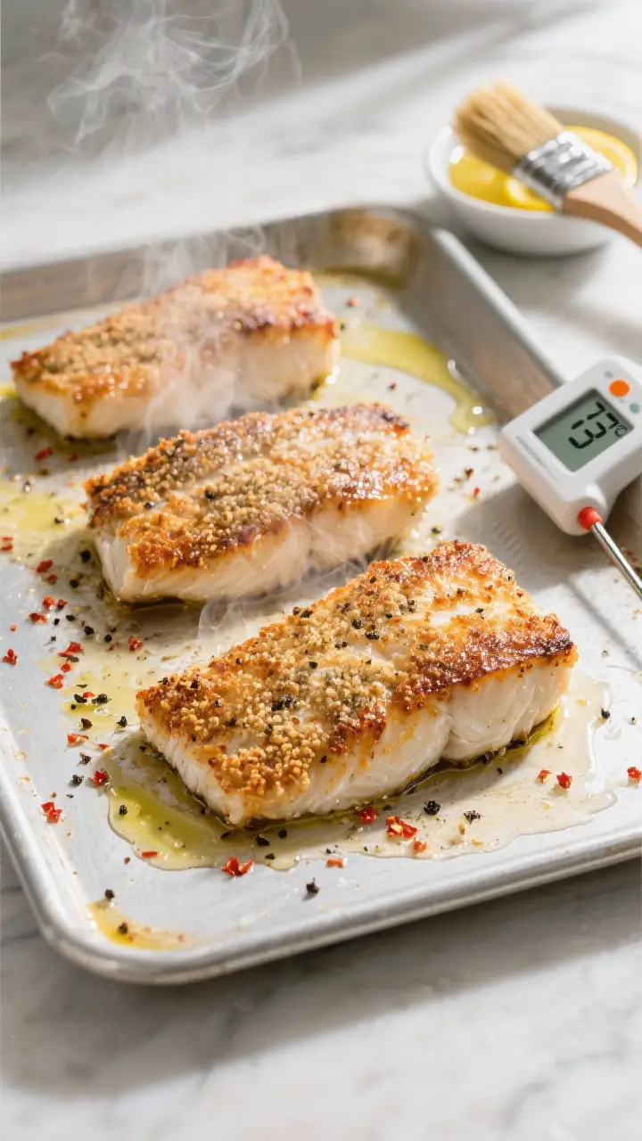 Cooking process: Overhead shot of crusted cod fillets on a lightly oiled baking sheet at the moment 