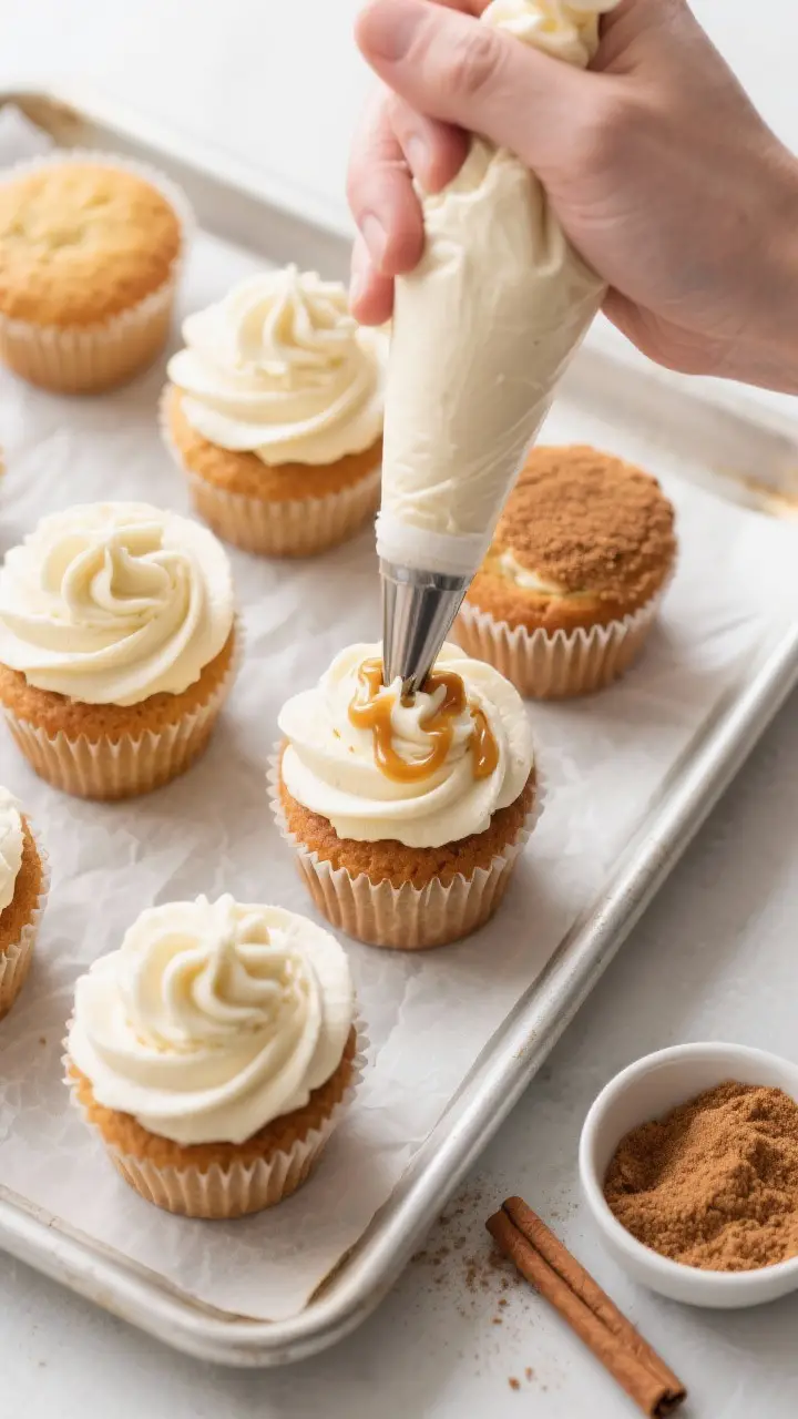 Cooking process: Overhead shot of cupcakes being finished with a cream cheese frosting swirl. Severa