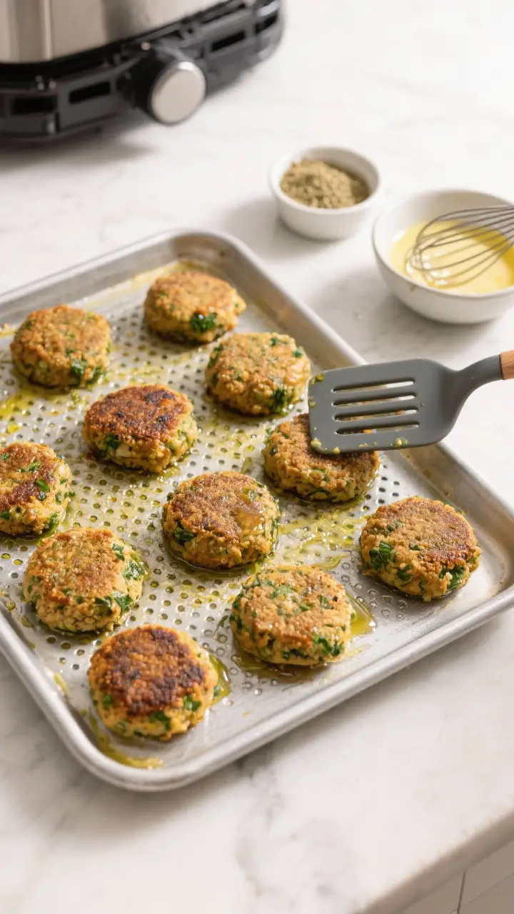 Cooking process: Overhead shot of falafel being air-fried on a perforated tray, evenly spaced pattie
