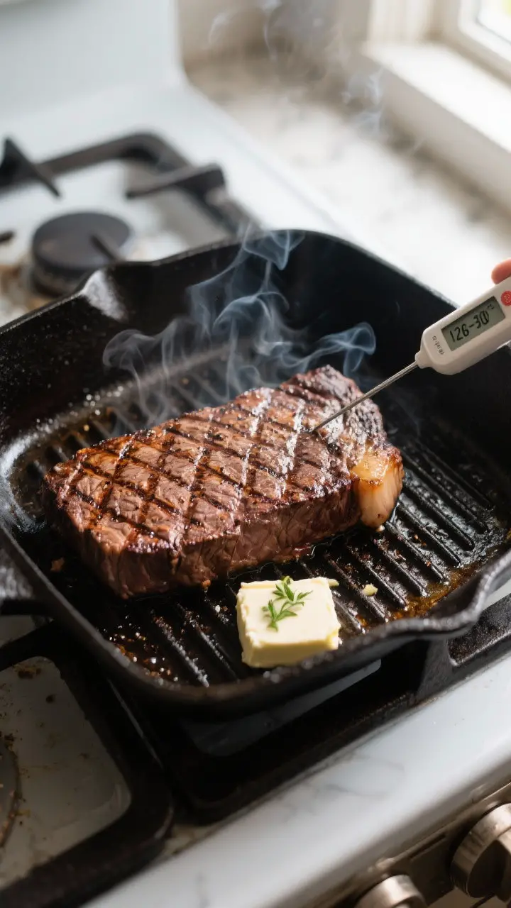 Cooking process: Overhead shot of flank steak on a ripping-hot cast-iron grill pan, deep even sear a