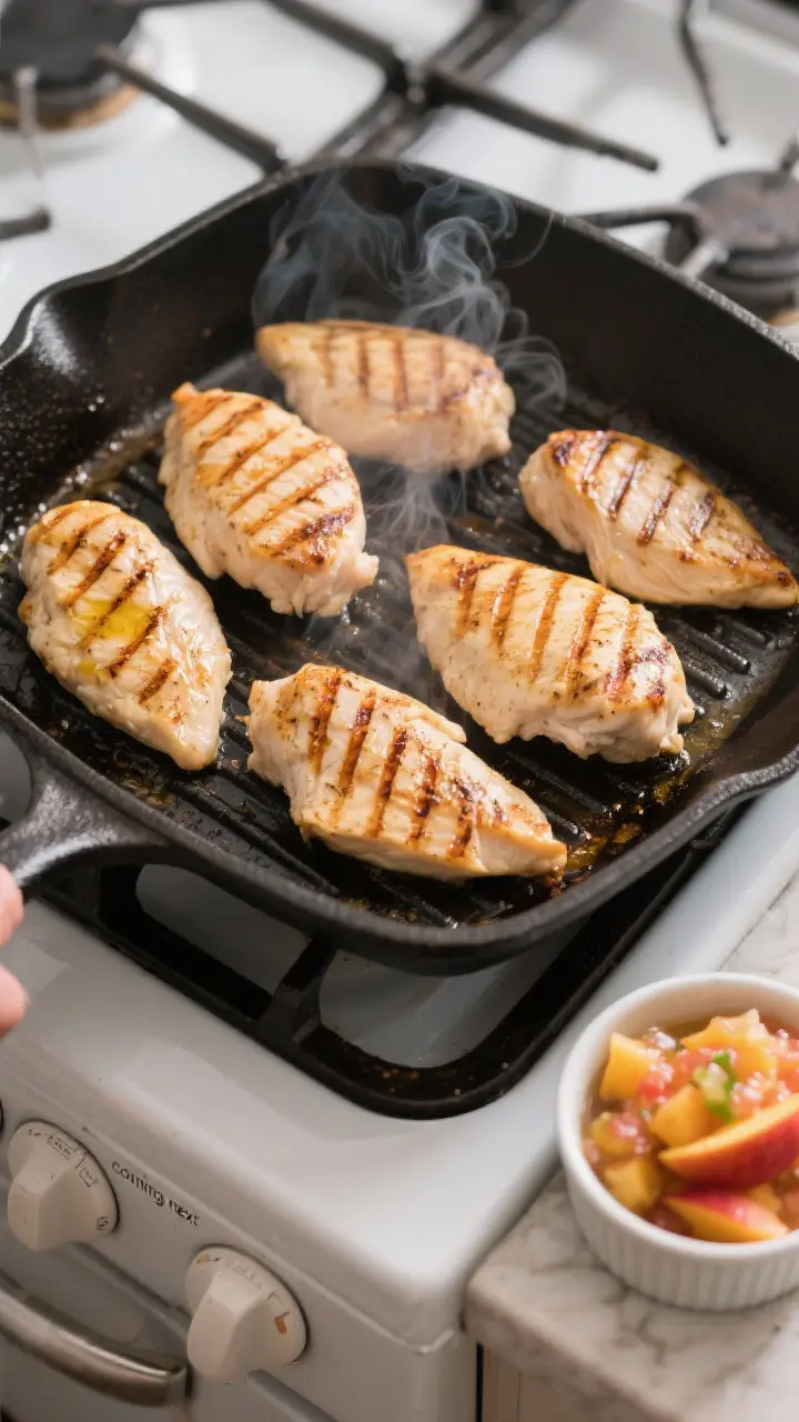 Cooking process: Overhead shot of four evenly pounded chicken breasts sizzling on a preheated grill 