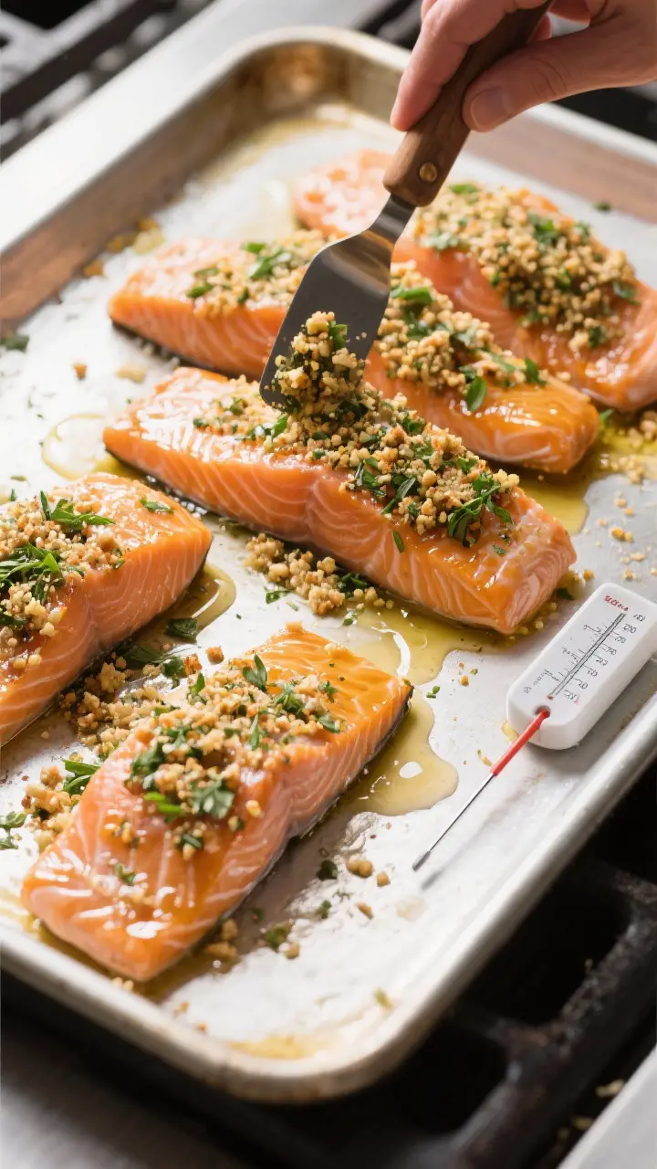 Cooking process: Overhead shot of four salmon fillets on a lightly oiled baking sheet, each brushed 