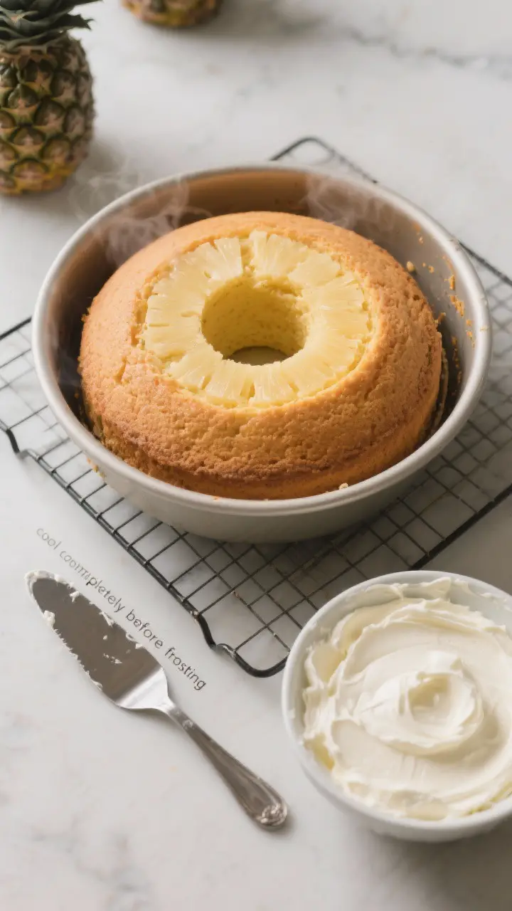 Cooking process: Overhead shot of freshly baked pineapple cake cooling in the pan on a wire rack, un