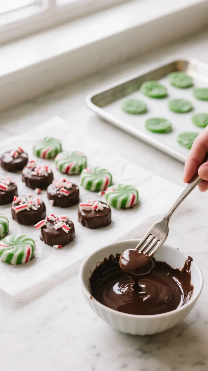Cooking process: Overhead shot of freshly dipped peppermint patties being tapped off on a fork over 