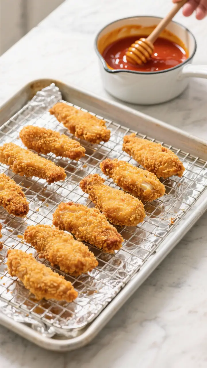 Cooking process: Overhead shot of golden, breaded chicken tenders on a wire rack set over a foil-lin