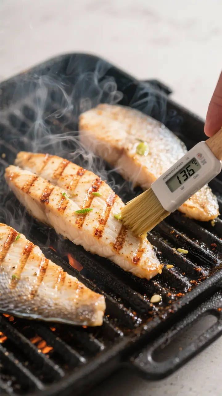 Cooking process: Overhead shot of mahi mahi fillets searing on oiled grill grates at medium-high hea