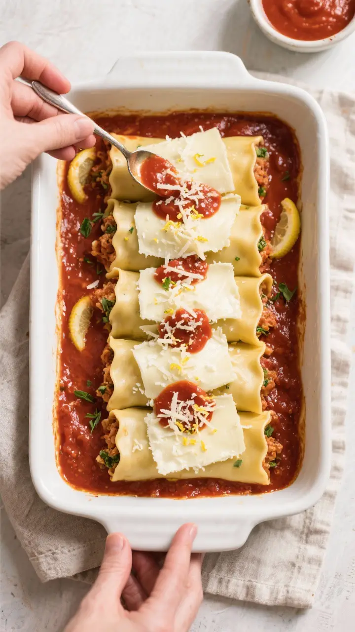 Cooking process: Overhead shot of neatly assembled lasagna rolls arranged seam side down in a sauced