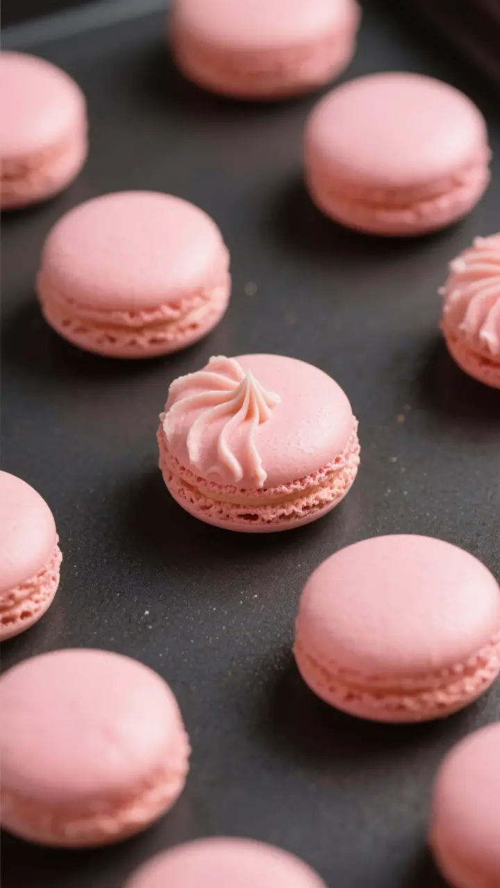 Cooking process: Overhead shot of perfectly piped pink macaron shells resting before baking, each