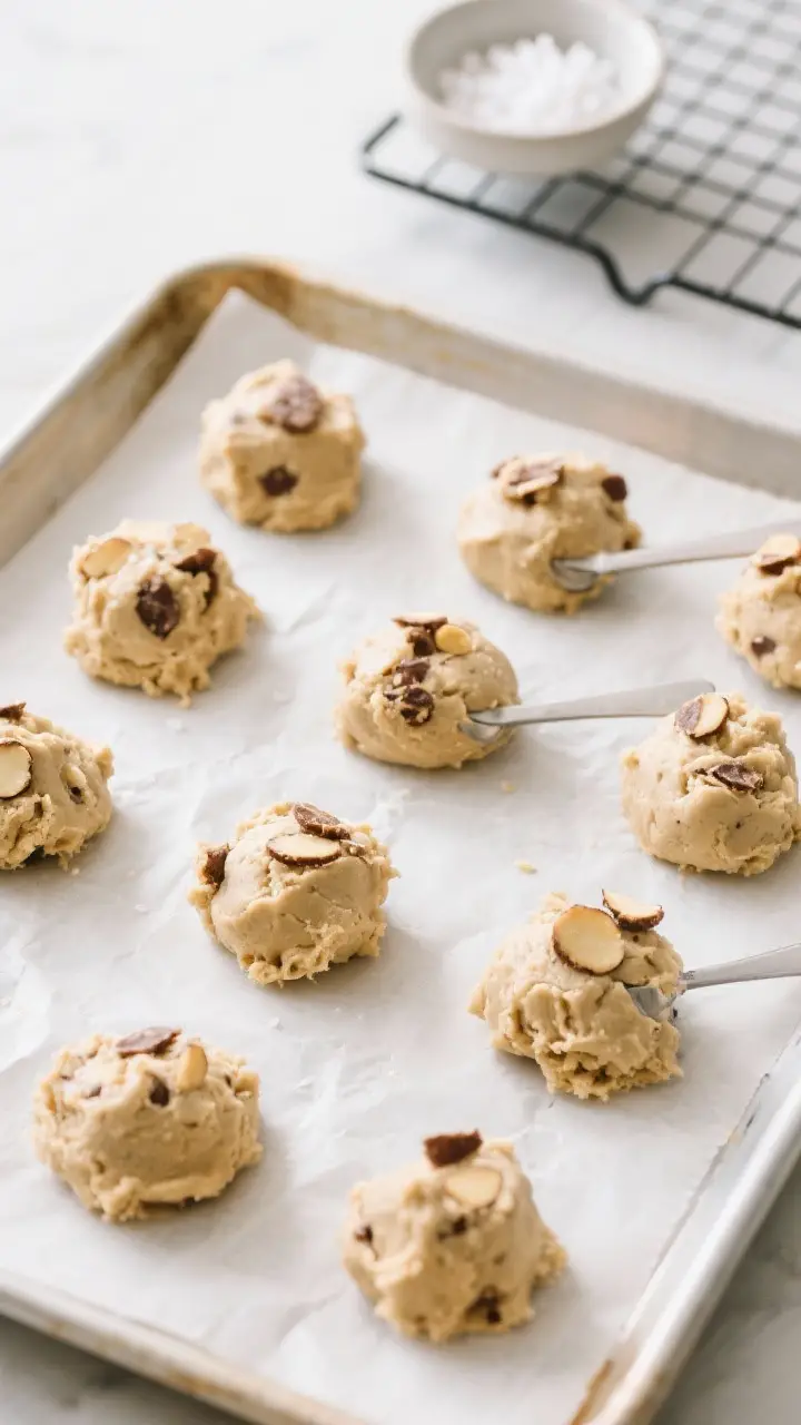 Cooking process: Overhead shot of portioned cookie dough scoops (2-tablespoon, bakery-style with ext