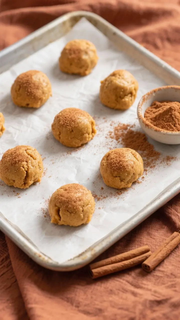 Cooking process: Overhead shot of portioned pumpkin snickerdoodle dough balls fully coated in cinnam