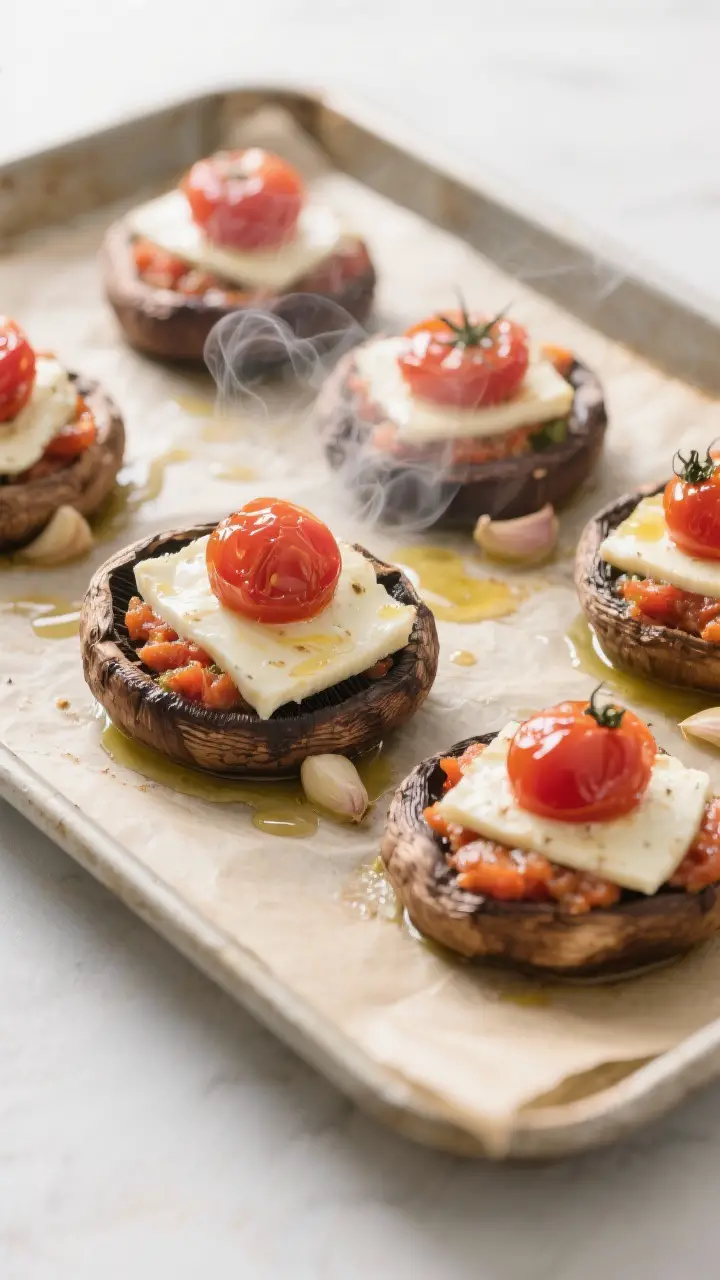 Cooking process: Overhead shot of pre-baked portobello caps on a parchment-lined sheet pan, already