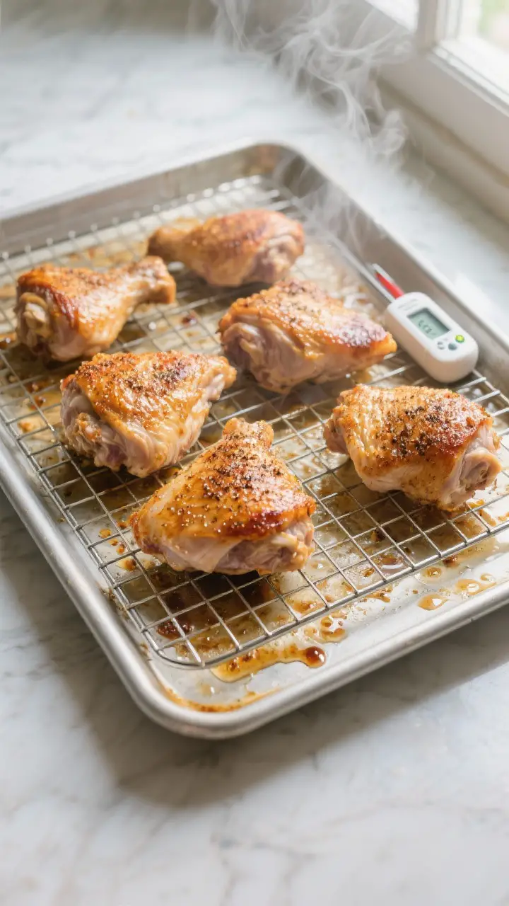 Cooking process: Overhead shot of seasoned chicken thighs spaced apart skin-side up on a wire rack s