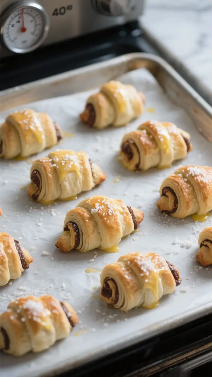 Cooking process: Overhead shot of shaped pain au chocolat-style pastries chilling on a parchment-lin