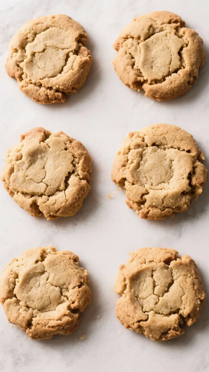 Cooking process: Overhead shot of six large, evenly spaced cookie mounds (3–