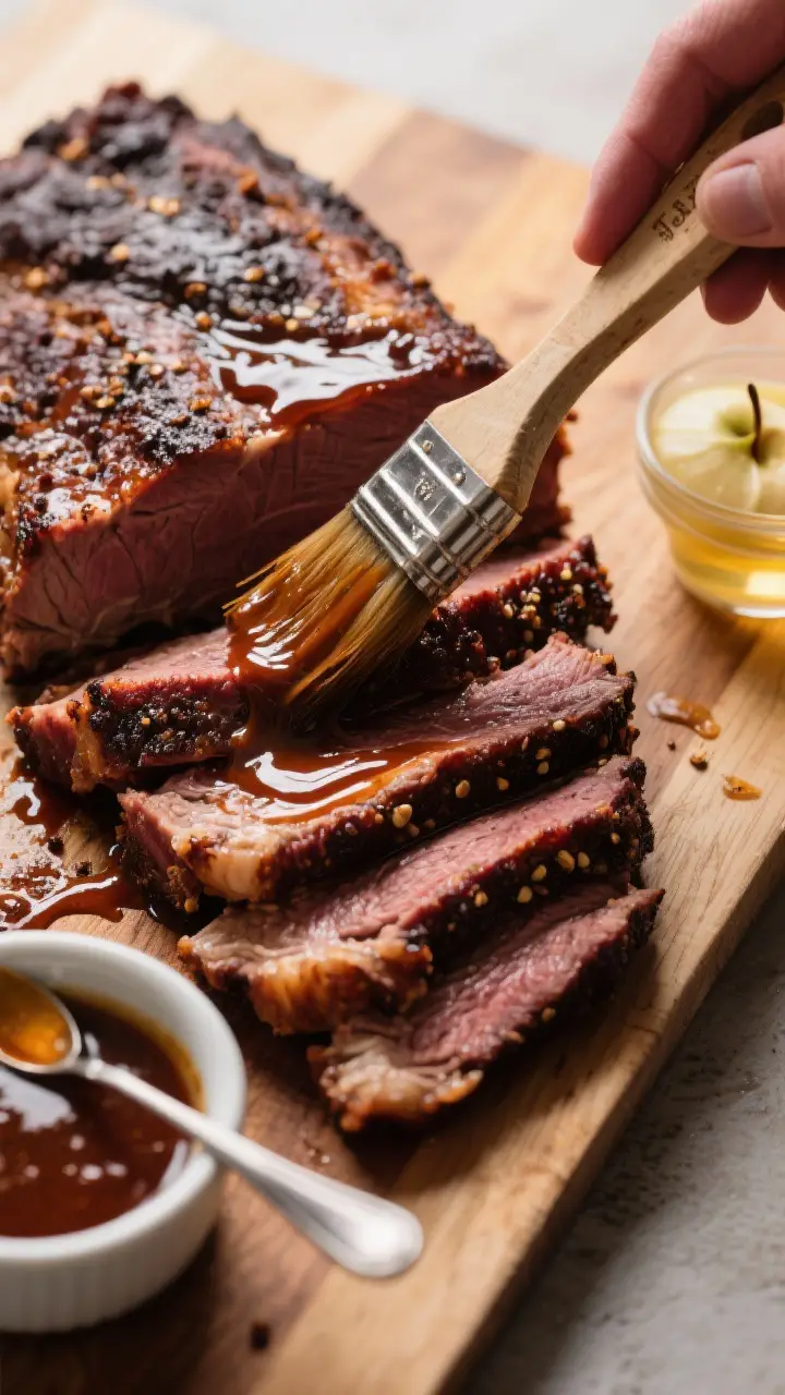 Cooking process: Overhead shot of sliced smoked brisket on a cutting board being glazed in the final