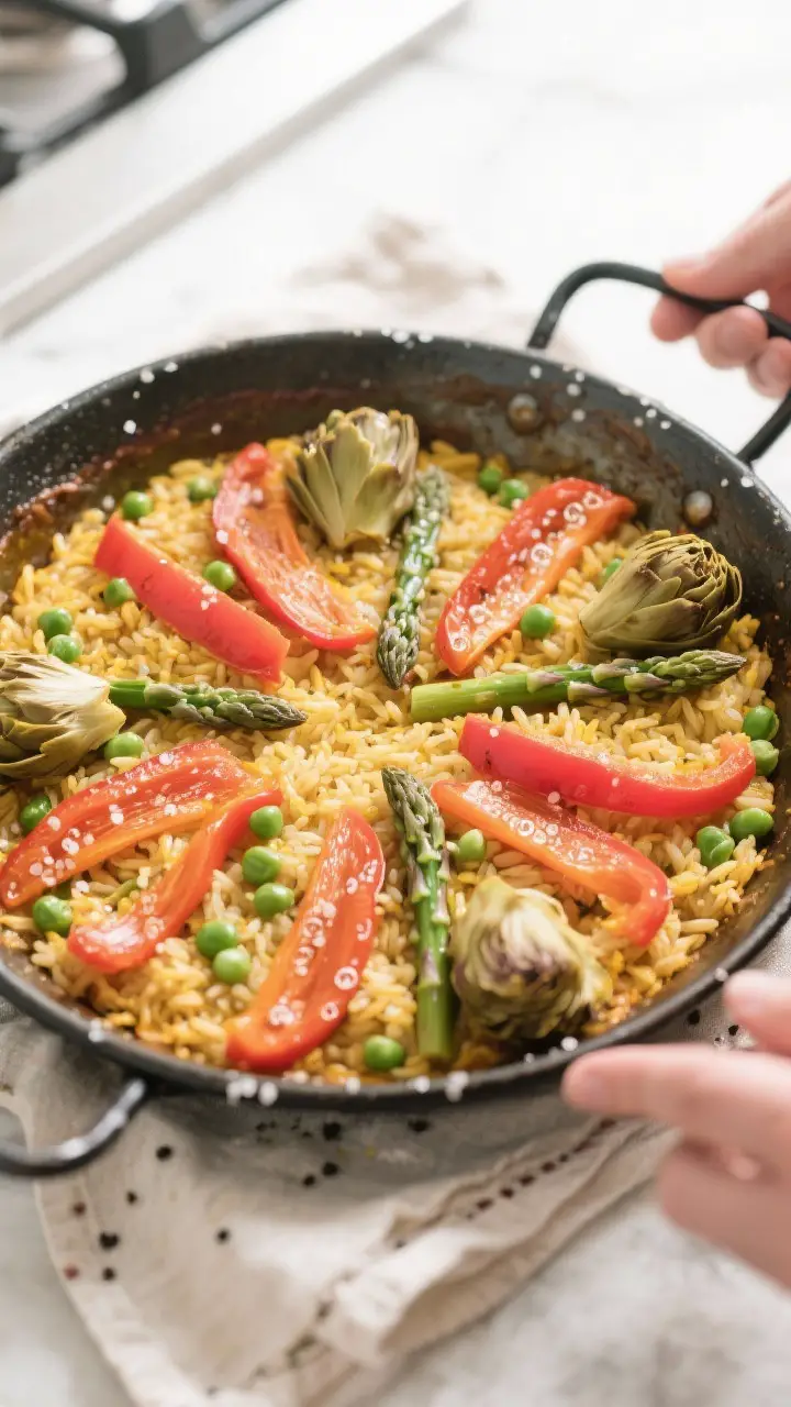 Cooking process: Overhead shot of spring vegetable paella simmering undisturbed after saffron broth