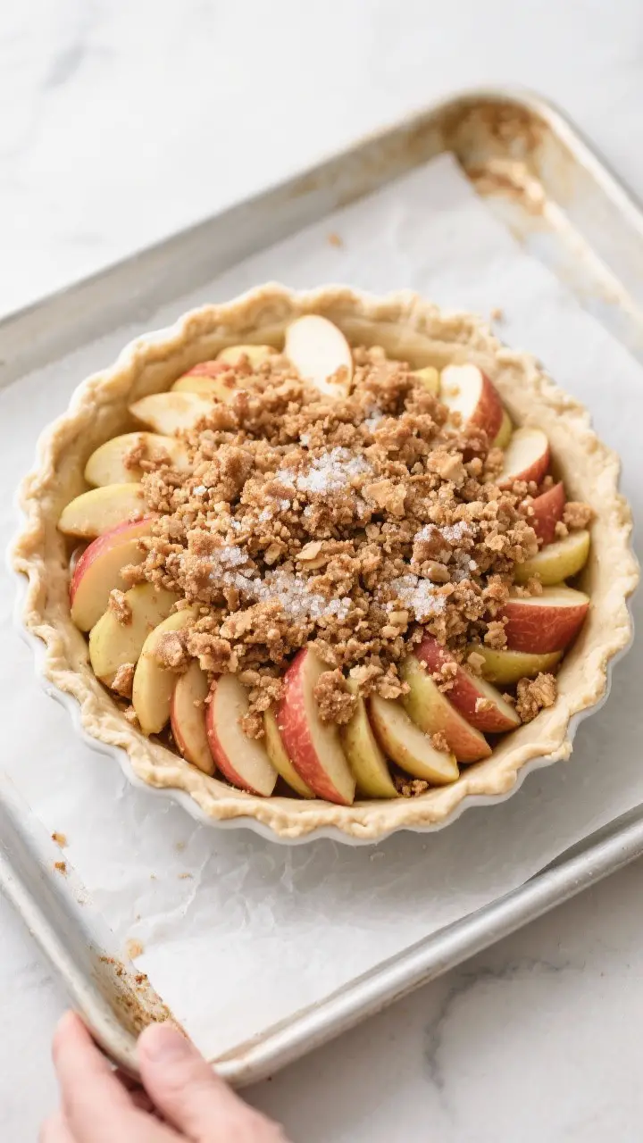 Cooking process: Overhead shot of the assembled Dutch apple pie right after adding the streusel, rea