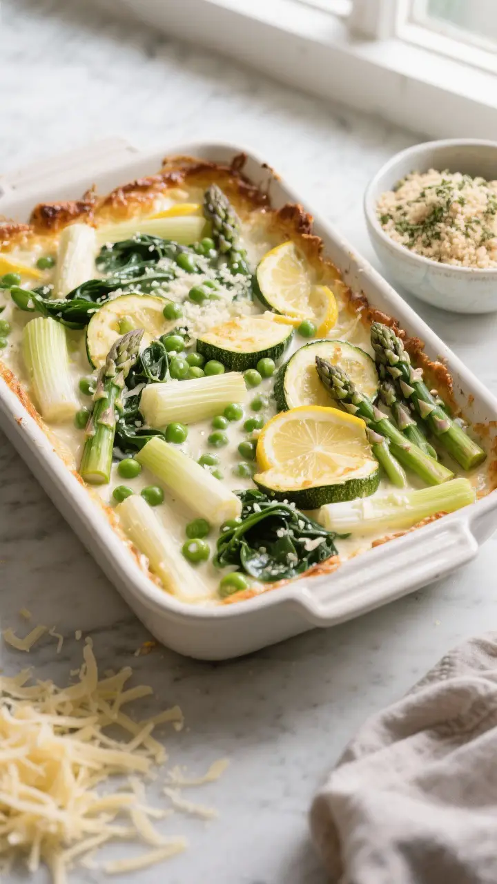 Cooking process: Overhead shot of the assembled gratin before baking, vegetables already cooked and 