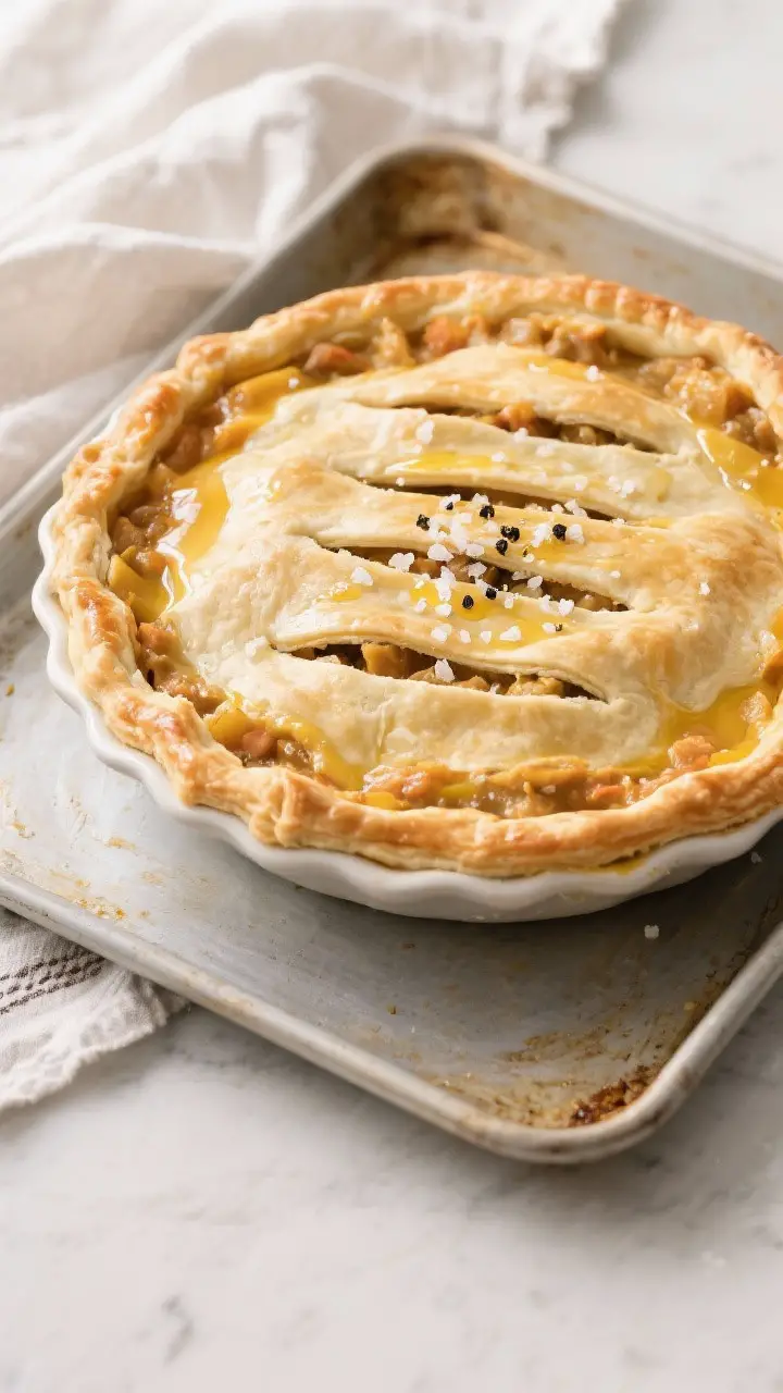 Cooking process: Overhead shot of the assembled pot pie right before baking—thick filling nestled 