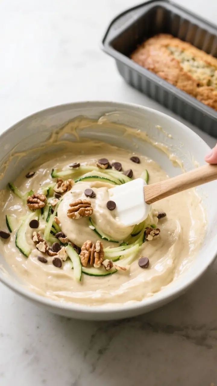 Cooking process: Overhead shot of the batter being gently folded in a large mixing bowl with a spatu