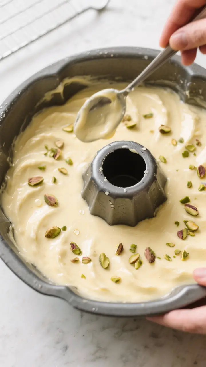 Cooking process: Overhead shot of the Bundt pan being filled—smooth, pale lemon batter already spo
