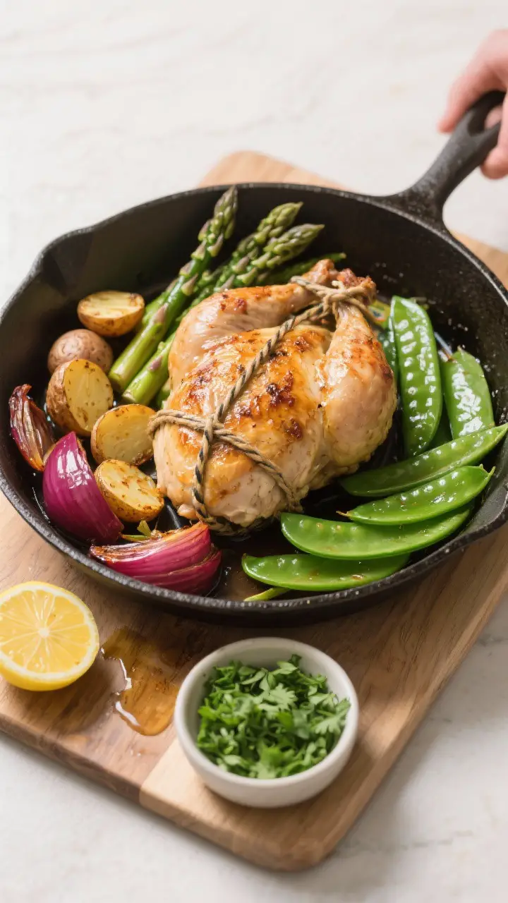 Cooking process: Overhead shot of the chicken resting on a carving board after roasting, breast-side