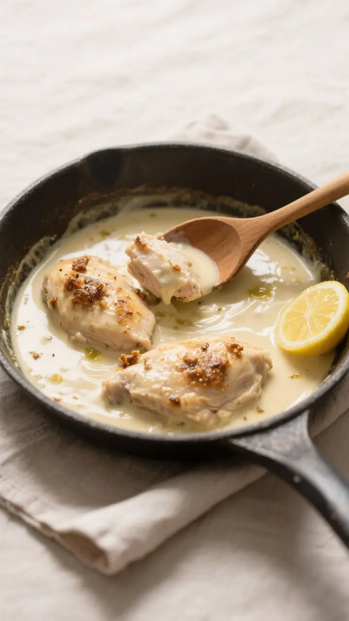 Cooking process: Overhead shot of the chicken simmering in a single large skillet as cream, Dijon, a