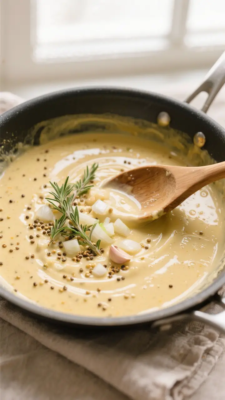 Cooking process: Overhead shot of the creamy mustard pan sauce coming together in the skillet—silk
