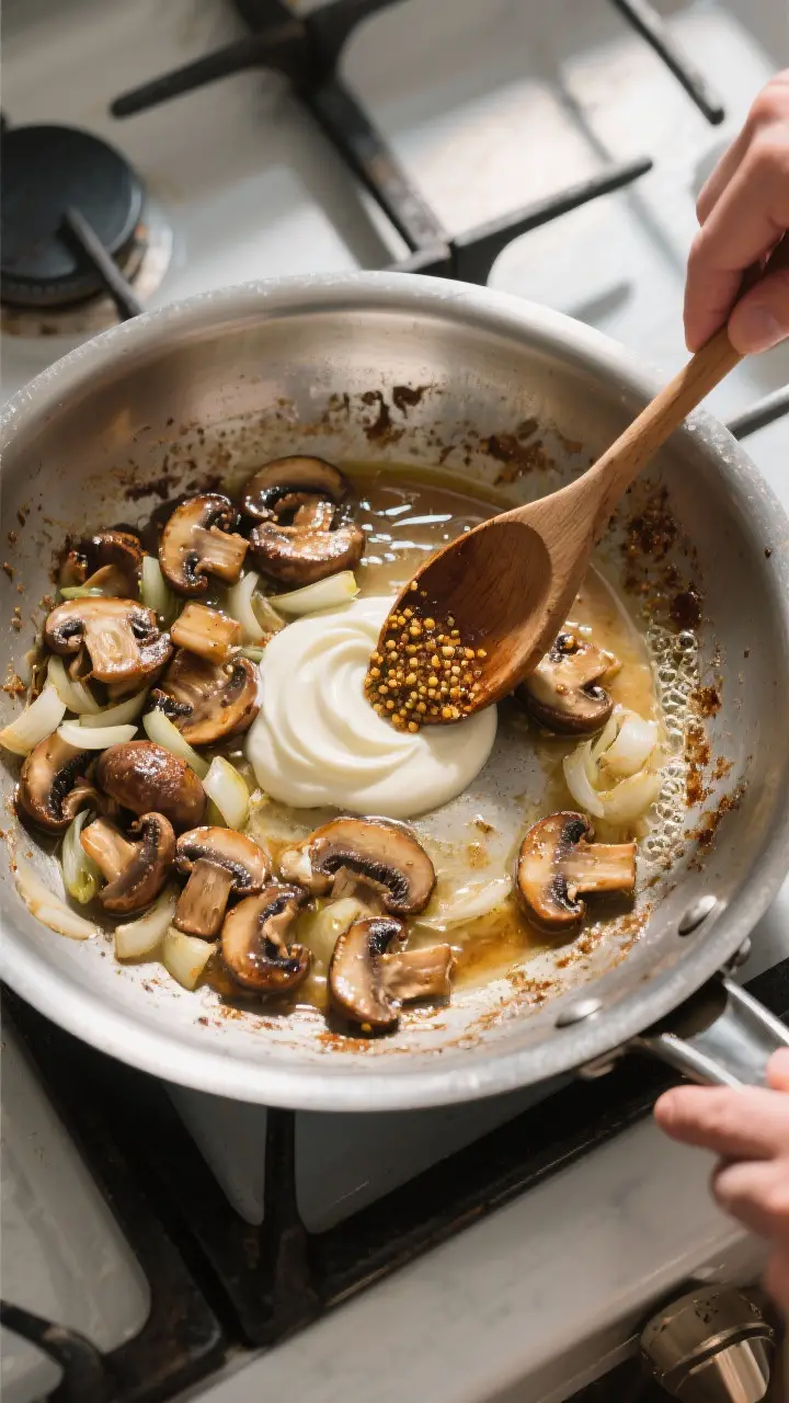 Cooking process: Overhead shot of the deglazing stage in a wide stainless skillet—mushrooms deeply