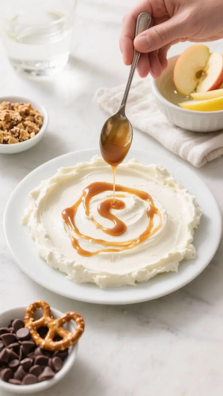 Cooking process: Overhead shot of the dip being assembled—smooth cream cheese mixture already spre