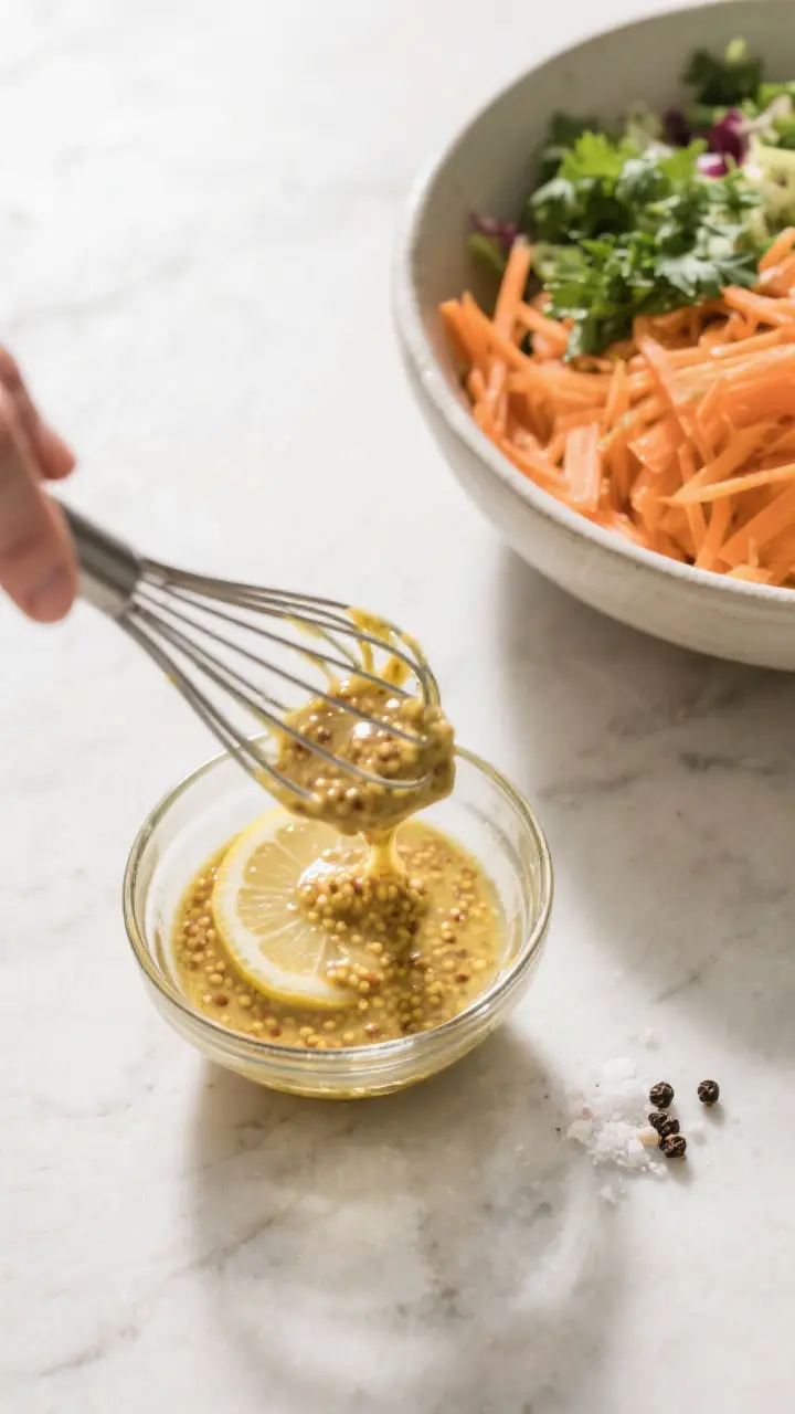 Cooking process: Overhead shot of the dressing being whisked to an emulsified gloss in a small glass