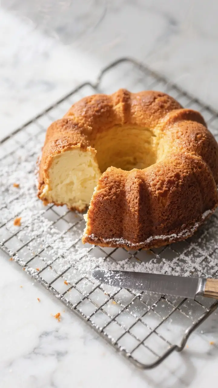 Cooking process: Overhead shot of the freshly baked bundt-shaped cream cheese pound cake cooling on 