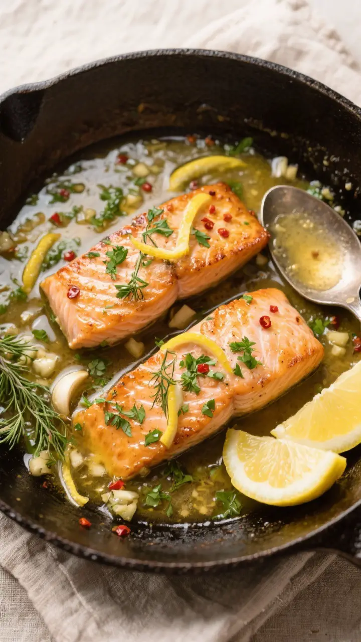 Cooking process: Overhead shot of the lemon-herb pan sauce in the skillet just after deglazing—glo