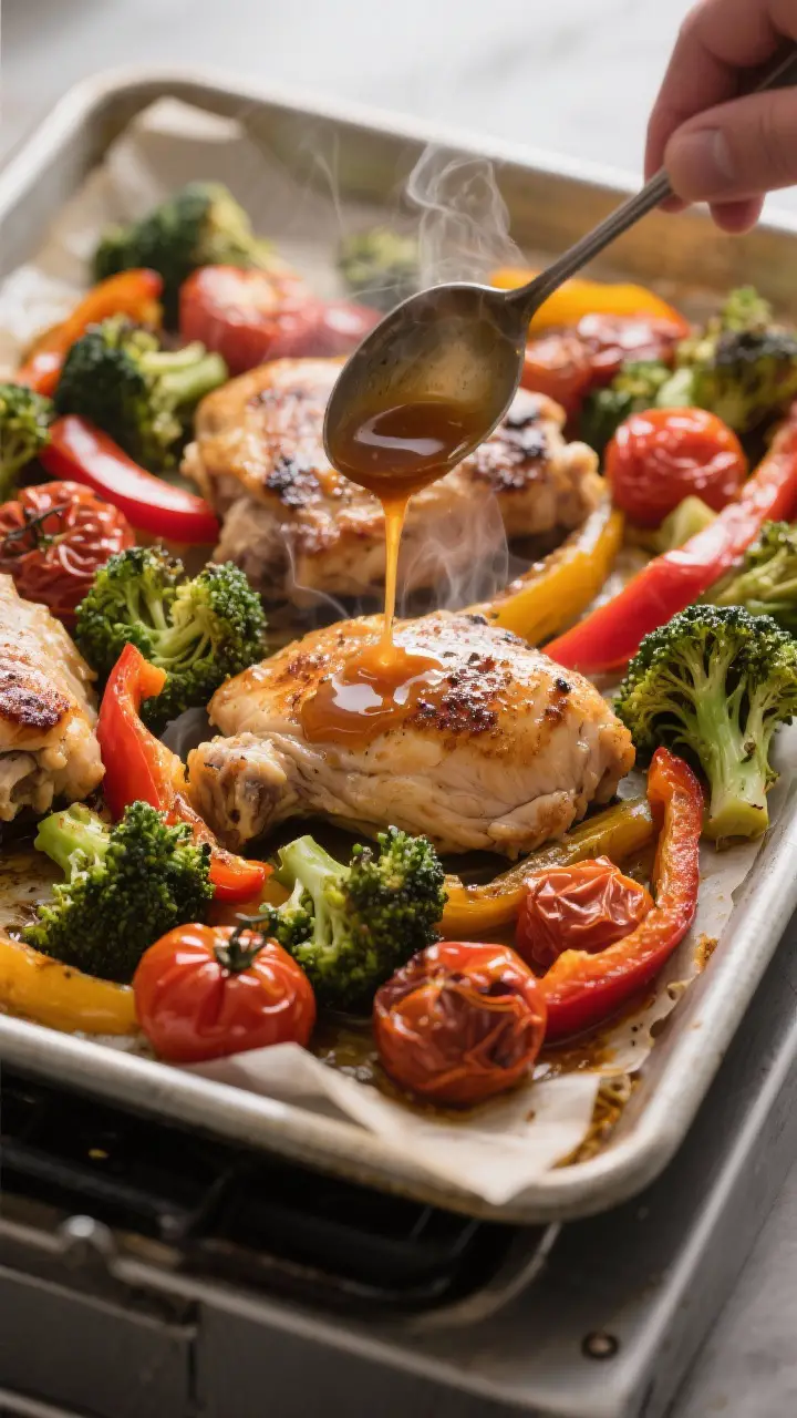 Cooking process: Overhead shot of the one-pan roast at the 22-minute mark just before broiling—chi
