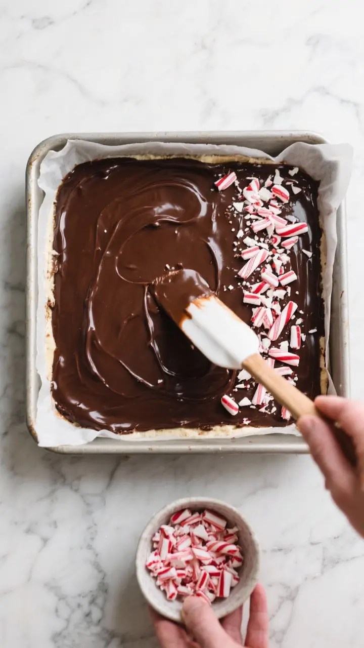 Cooking process: Overhead shot of the pan just after finishing the top layer—an offset spatula smo