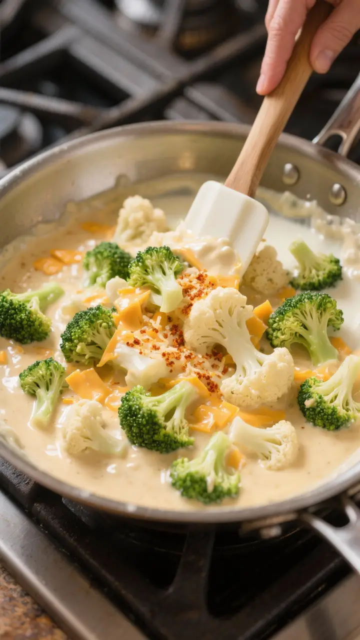 Cooking process: Overhead shot of the par-cooked broccoli and cauliflower being gently folded into t