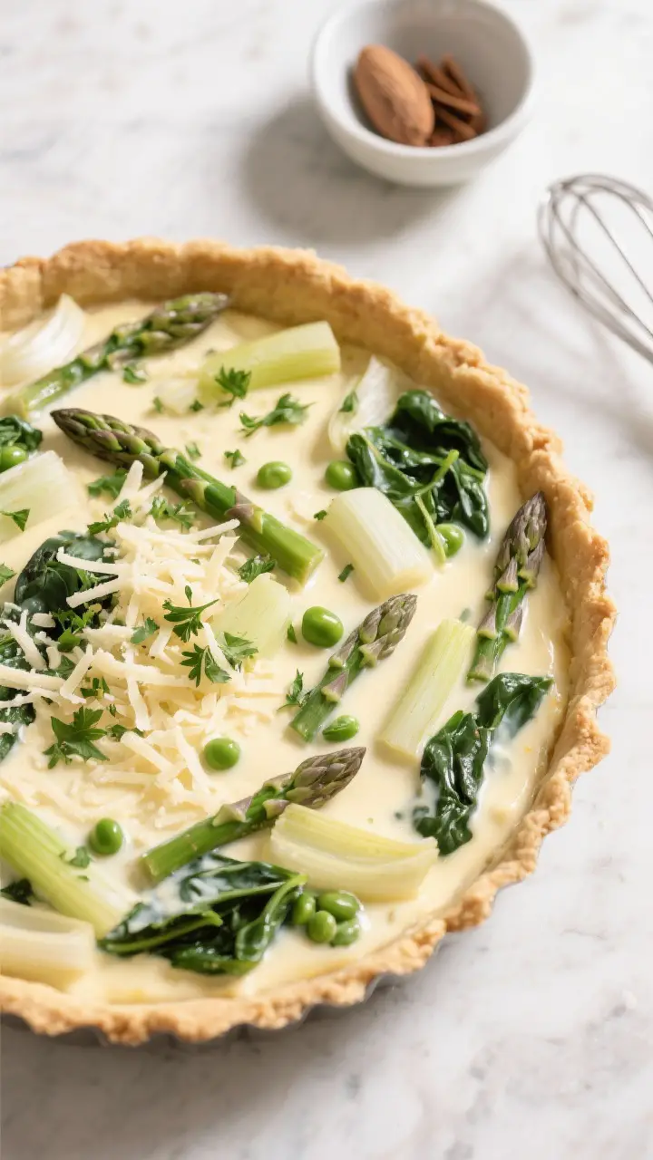 Cooking process: Overhead shot of the quiche just assembled before baking—parbaked golden crust in