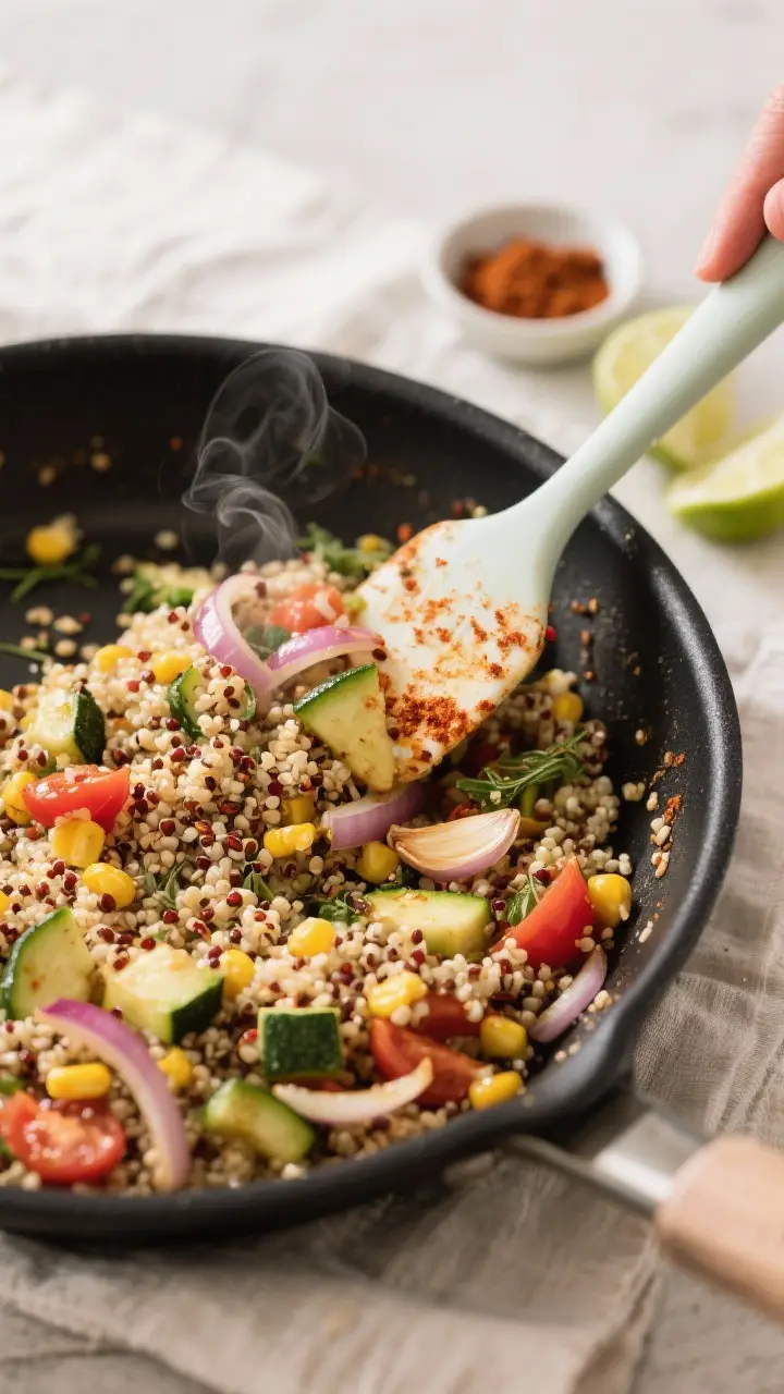 Cooking process: Overhead shot of the quinoa-veggie filling finishing in a skillet—quinoa folded w