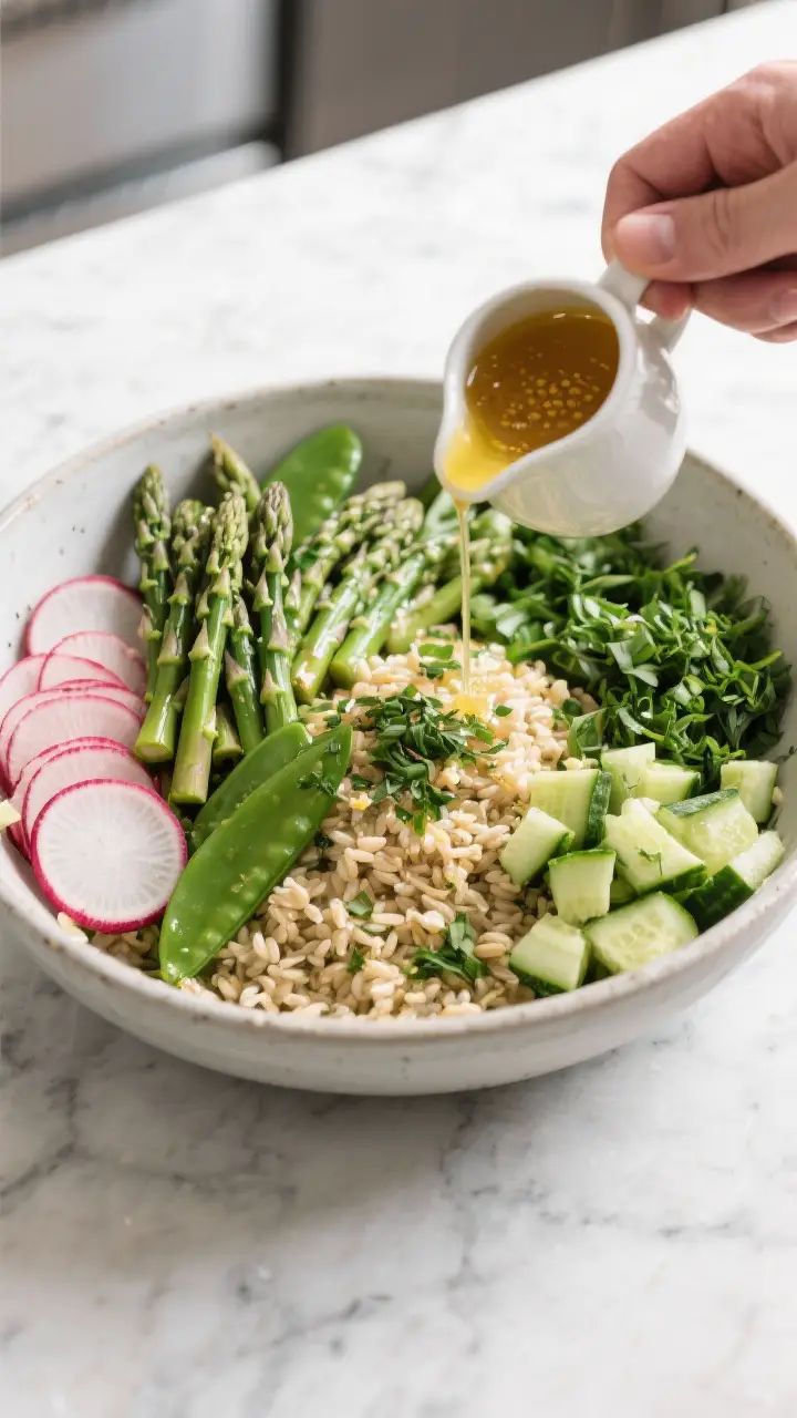 Cooking process: Overhead shot of the salad being assembled in a wide mixing bowl—cooled dressed g